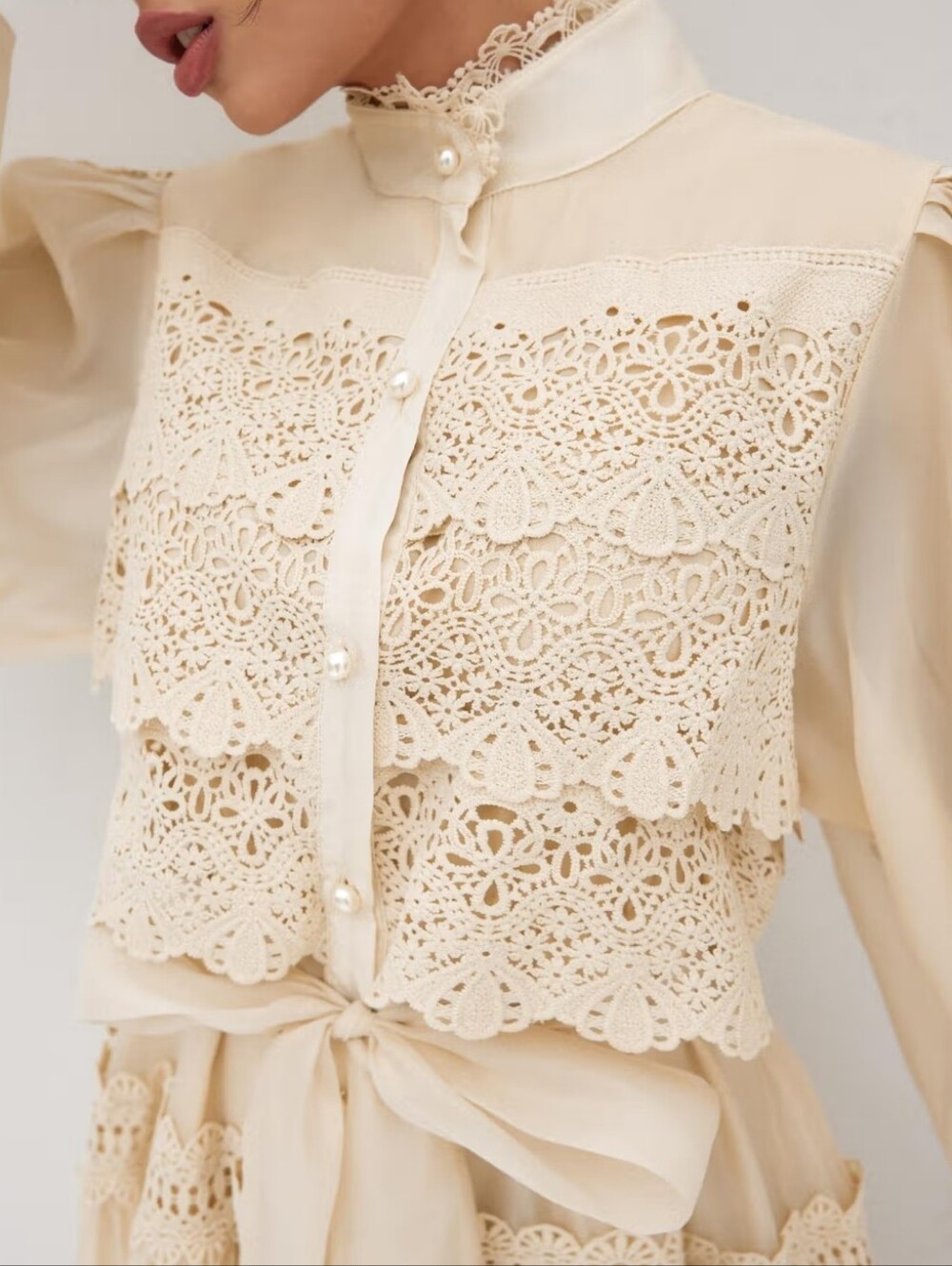 Cider Ivory Pearl Button High Neck Gaipure Lace Maxi Dress XL - Picture 2 of 12